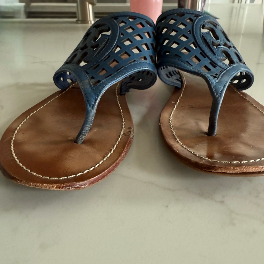 Tory Burch Blue Lattice Leather Sandals - Picture 2 of 9